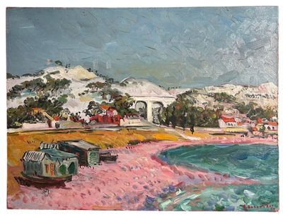 une peinture représentant des bateaux sur la plage, près de l'eau