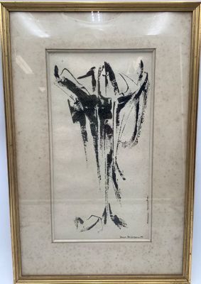 a black and white drawing of a woman in a dress in a gold frame