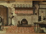 a picture of a painting of a family in a living room