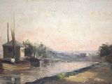 a painting of a boat on the water near a building