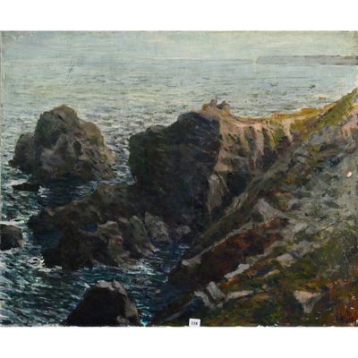 tableau représentant une côte rocheuse avec des mouettes et un phare au loin