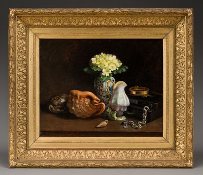 tableau représentant une nature morte avec un vase de fleurs et d'autres objets