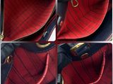 four pictures of a red and black purse with a gold handle