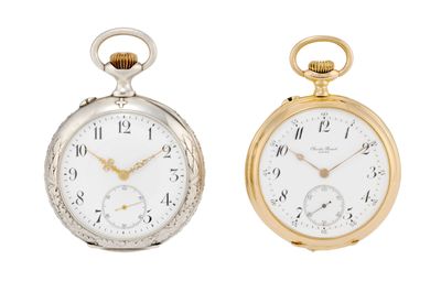 an image of two gold and silver pocket watches with roman numerals