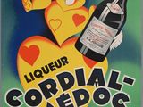 affiche publicitaire pour une bouteille de cognac Meboc, représentant un clown tenant un verre de vin