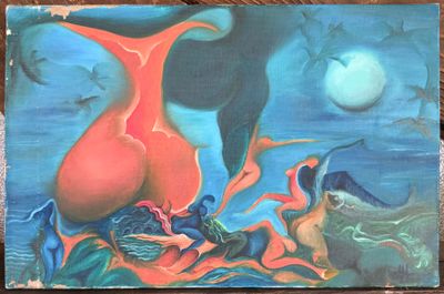 a painting of a vase and birds on a table