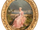 an oval painting of a woman in a pink dress sitting in a field