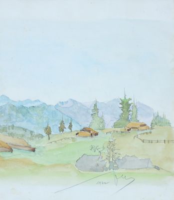 une aquarelle représentant un petit village de montagne