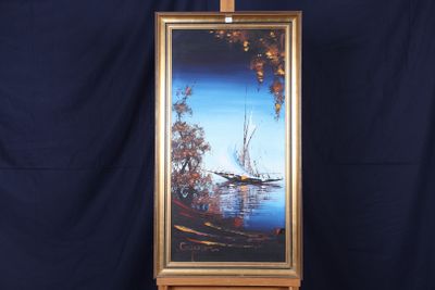une photo d'un tableau posé sur un chevalet, sur fond bleu