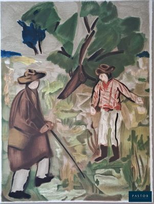 un tableau représentant un homme et une femme dans les bois