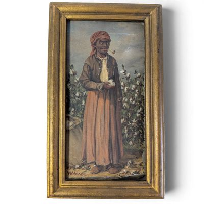 un vieux tableau représentant un homme coiffé d'un turban rouge, debout devant un champ de coton