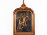 an image of a painting of jesus on the cross hanging on a wall