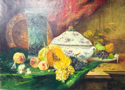 une peinture représentant une coupe de fruits sur une table