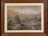 peinture représentant un paysage avec une rivière et des montagnes en arrière-plan