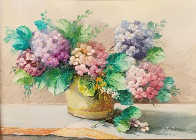 a painting of flowers in a vase on a table