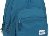 the rolling backpack is blue and has a black handle