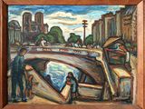 painting of a painting of people on a bridge over a body of water