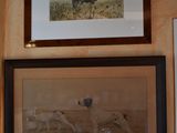 two framed pictures on the wall above a sink