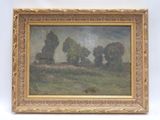 une peinture à l'huile d'un paysage avec des arbres dans un cadre doré