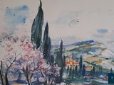 a watercolor painting of a landscape with trees and mountains