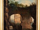 une peinture à l'huile sur toile représentant une grotte dans laquelle se trouvent un homme et un chien