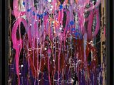 a painting of pink, purple, and blue paint on a black background