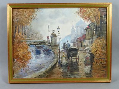 painting of a horse drawn carriage on a city street with a bridge in the background