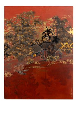 an image of a painting of a house in the middle of a field