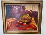 an oil painting of a bowl of apples on a table with a vase of flowers