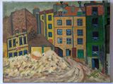 painting of a painting of a street scene with buildings in the background