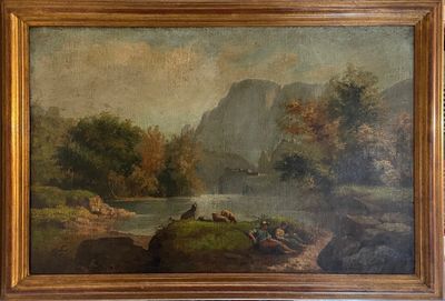 École du XIXe siècle Paysage lacustre au pied des montagnes