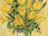 painting of yellow and blue flowers in a vase on a table
