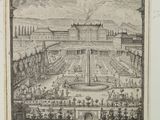 an old drawing of a garden with a fountain and a fountain surrounded by people
