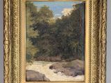 a painting of a river with rocks and trees in a gold frame