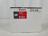 a white box with a red label on it sitting on a table