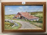 a painting of a barn on display in a museum