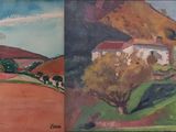 paintings of a farm and a farm house in a rural setting