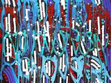 abstract painting of blue, red, and white paint on a black background