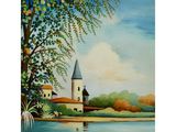 an oil painting of a church by the water with trees