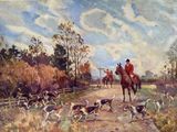 a painting of a man riding a horse with a bunch of dogs