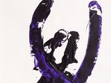 purple and black ink drawing of a man on a surfboard