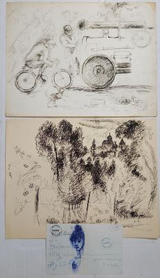 two drawings of a man riding a motorcycle and a woman riding a bike