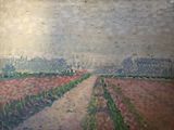 a painting of a field of flowers with a house in the distance