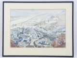 framed watercolor painting of a snow covered town in winter