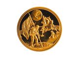 une image représentant une pièce d'or sur laquelle figurent un homme et une femme sur la Lune