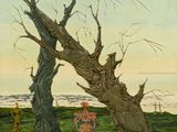 a painting of a woman standing next to a tree in a field