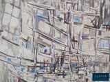 a painting of a city with lots of wires on it