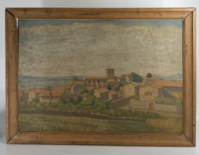 un vieux tableau représentant un village avec une église au loin
