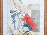 painting of a man climbing a ladder with another man in a red coat