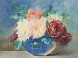 a painting of flowers in a blue vase on a table